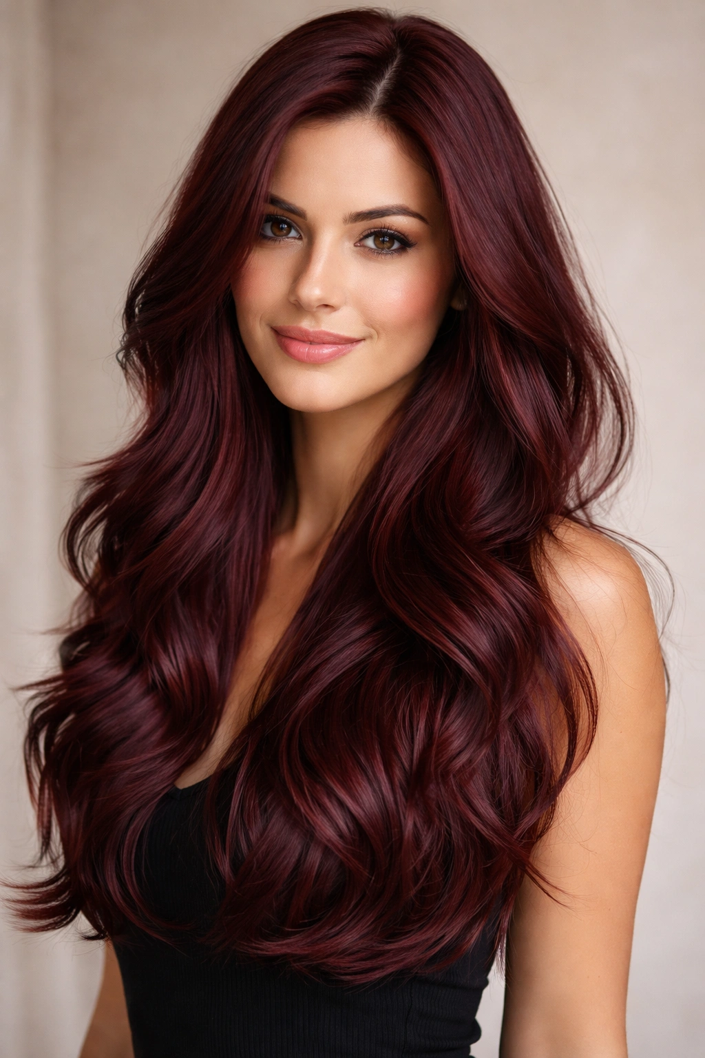 Soft burgundy waves with long layers, polished.