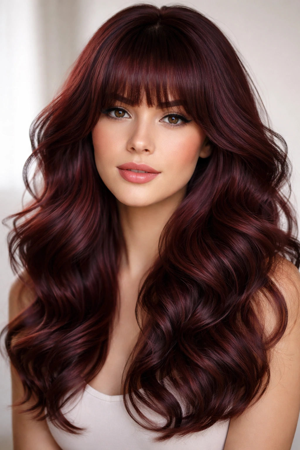 Burgundy hair with bouncy waves and full voluminous bangs