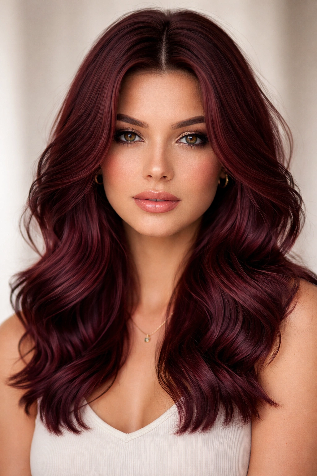 Close-up of burgundy wavy hair with a deep center part and crown volume
