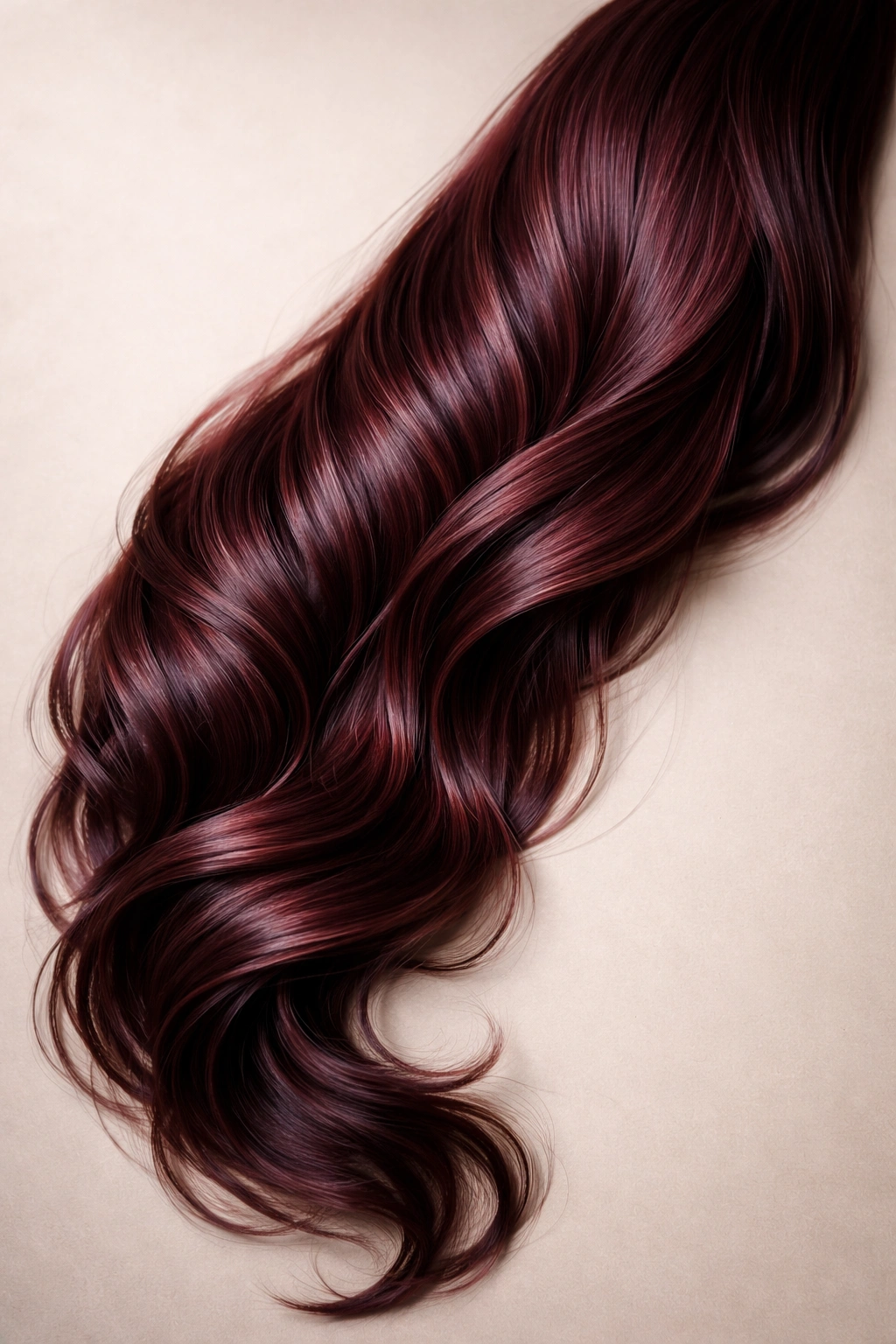 Minimalist burgundy wavy hair texture arranged in a graceful curve