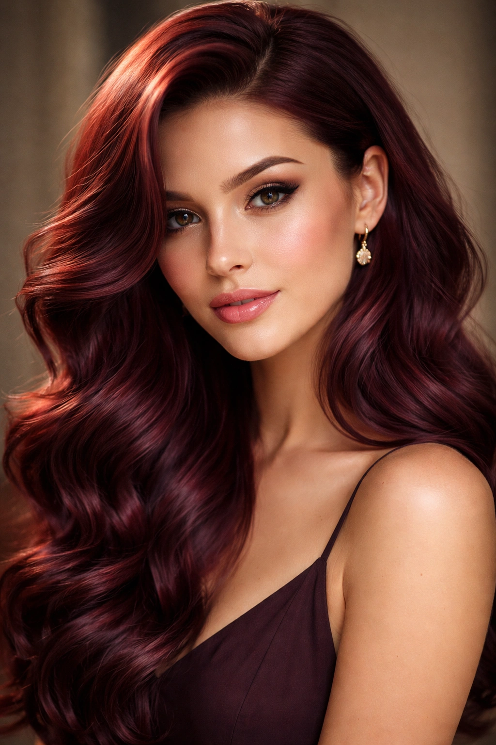 Loose burgundy waves with deep side part