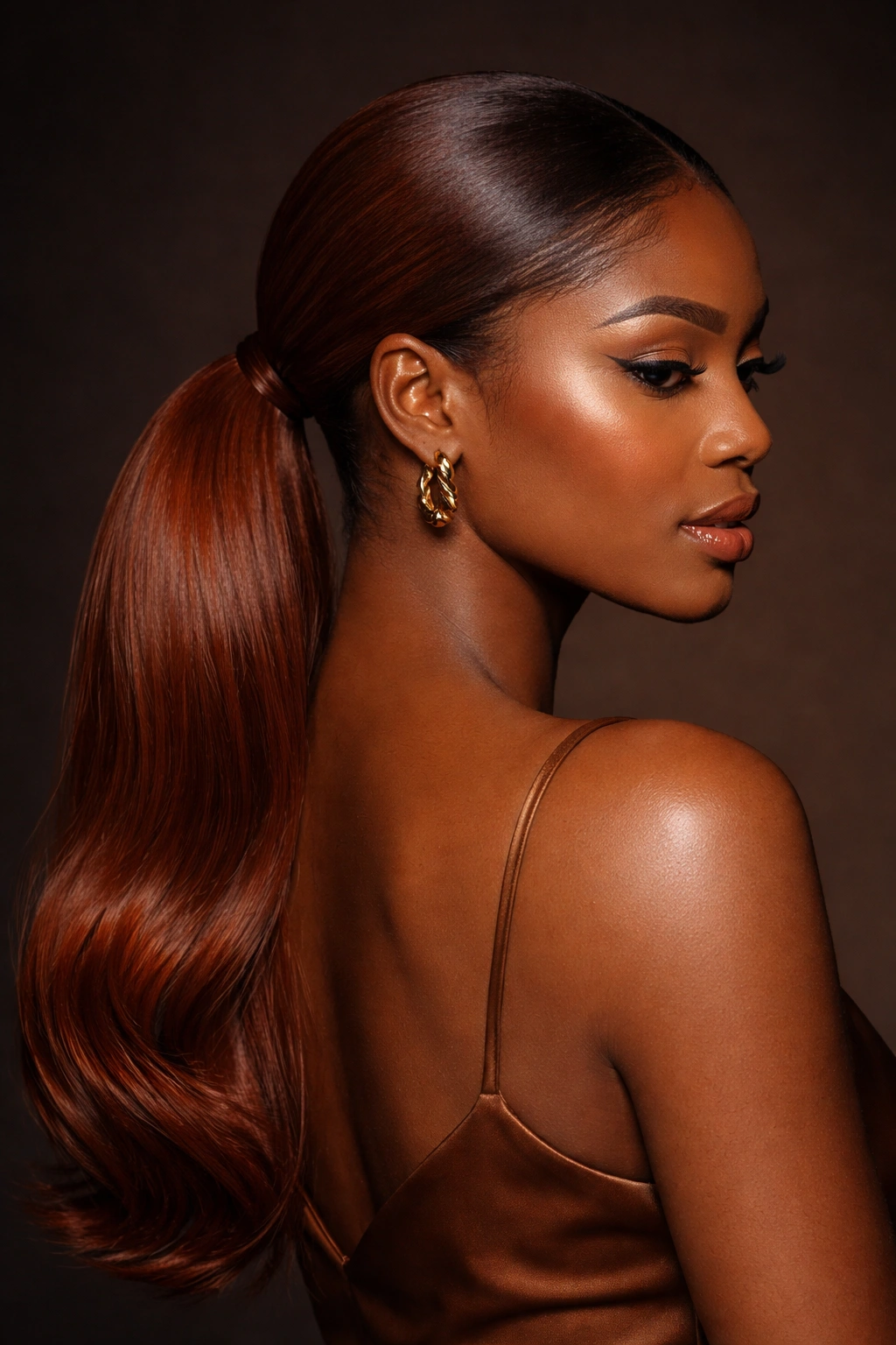 Sleek low burnt orange ponytail at the nape on deep warm skin