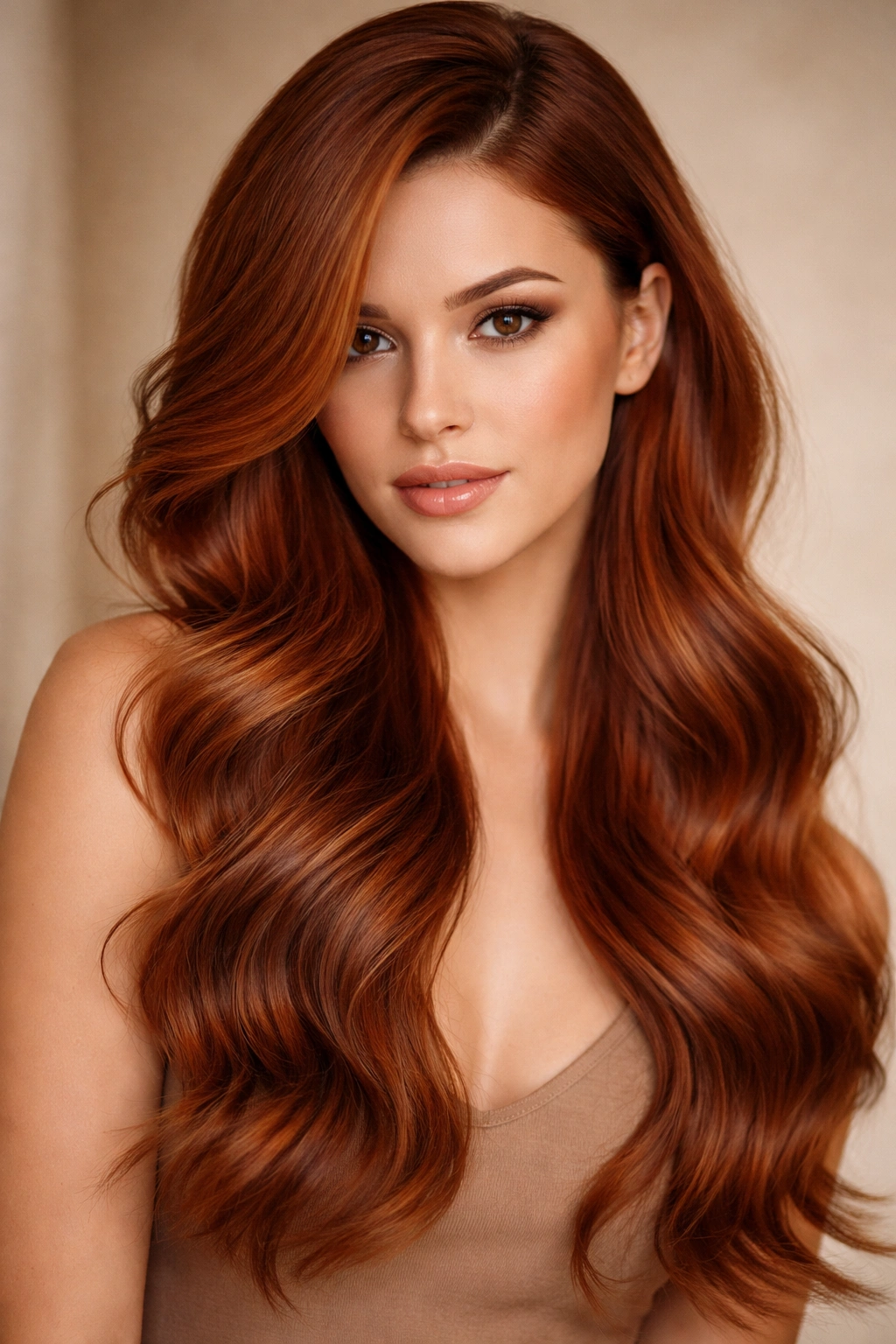 Burnt orange-red hair with deep side part.