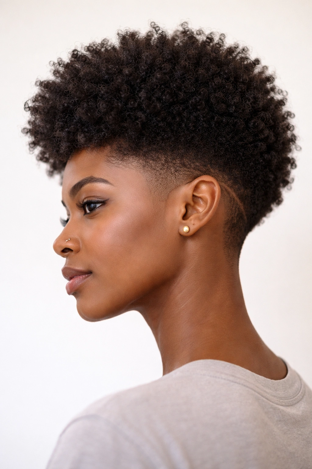 Three-quarter view of a 4C burst fade tapered afro with curved fade around the head