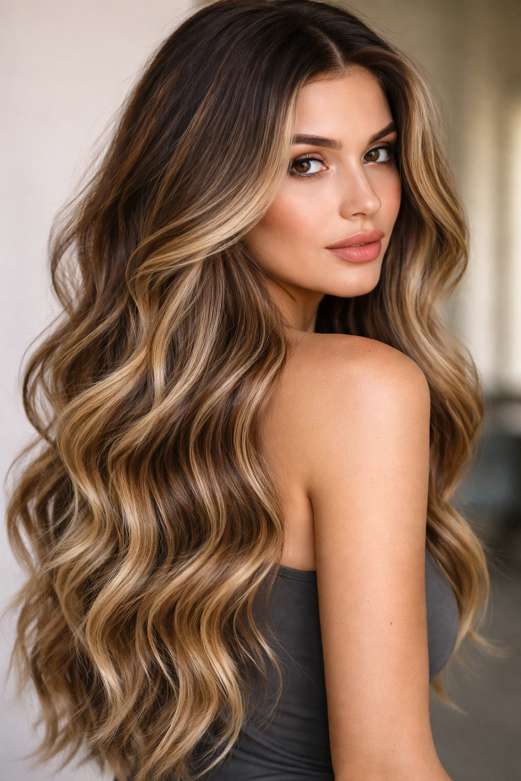 Brunette base with butter blonde balayage in long waves