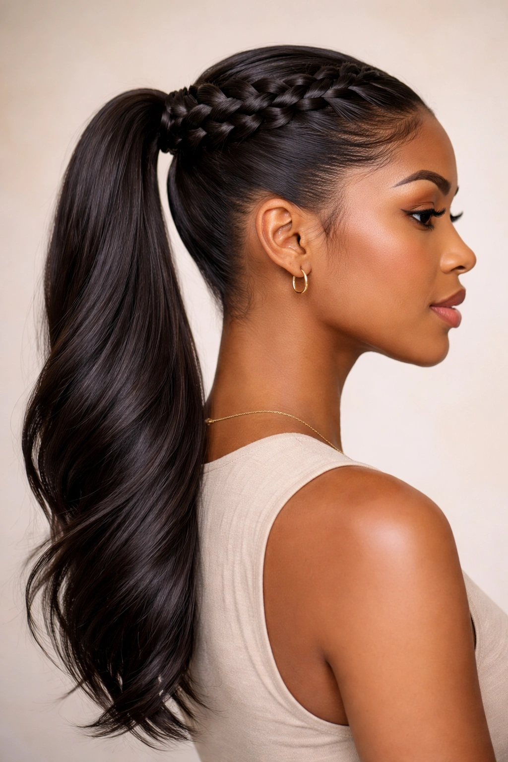 Close-up of a sleek butterfly braid ponytail with crown braid and glossy straight hair