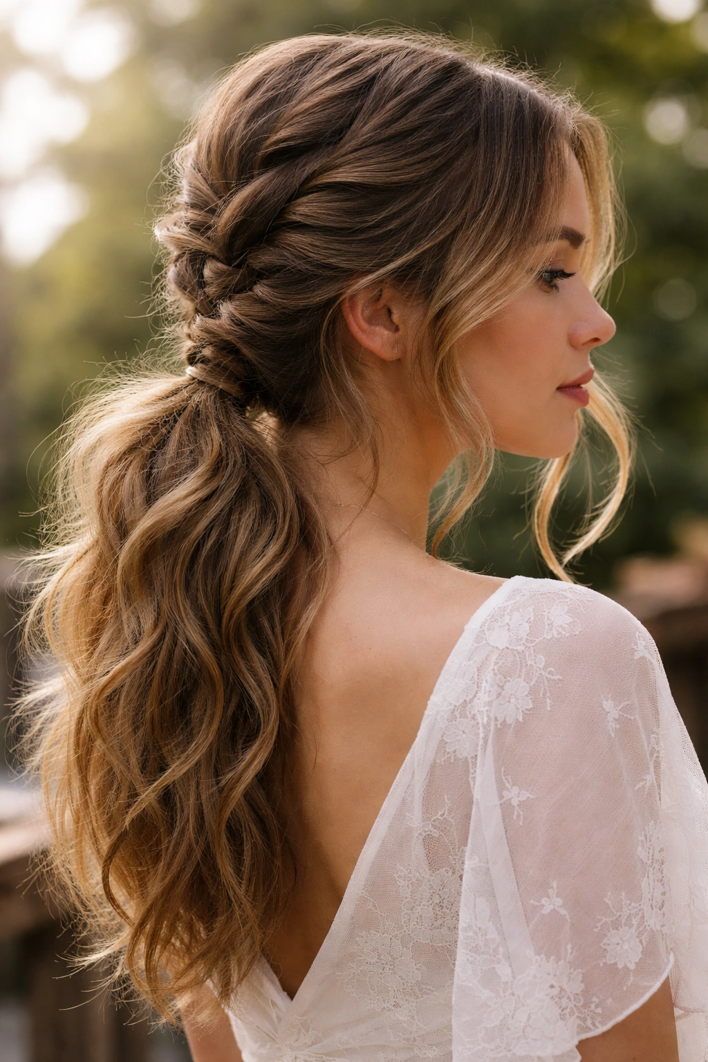 Romantic textured butterfly braid ponytail with loose face-framing strands