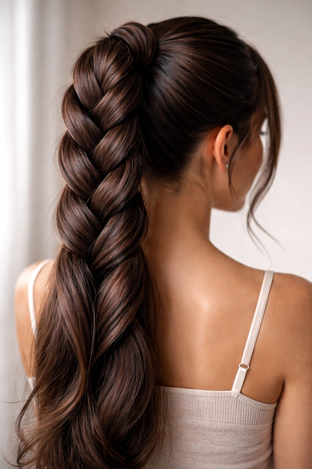 Close-up of a thick two-strand butterfly braid ponytail with a refined woven pattern under soft studio lighting