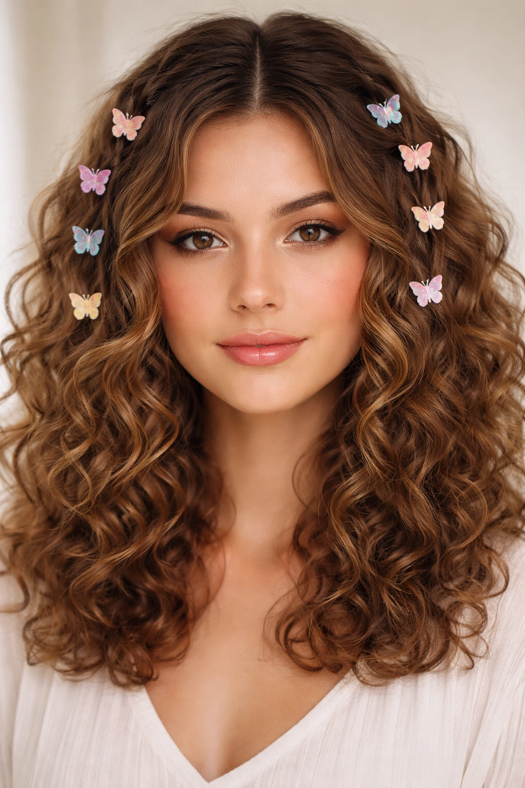 Curtain part with butterfly clips in curly hair