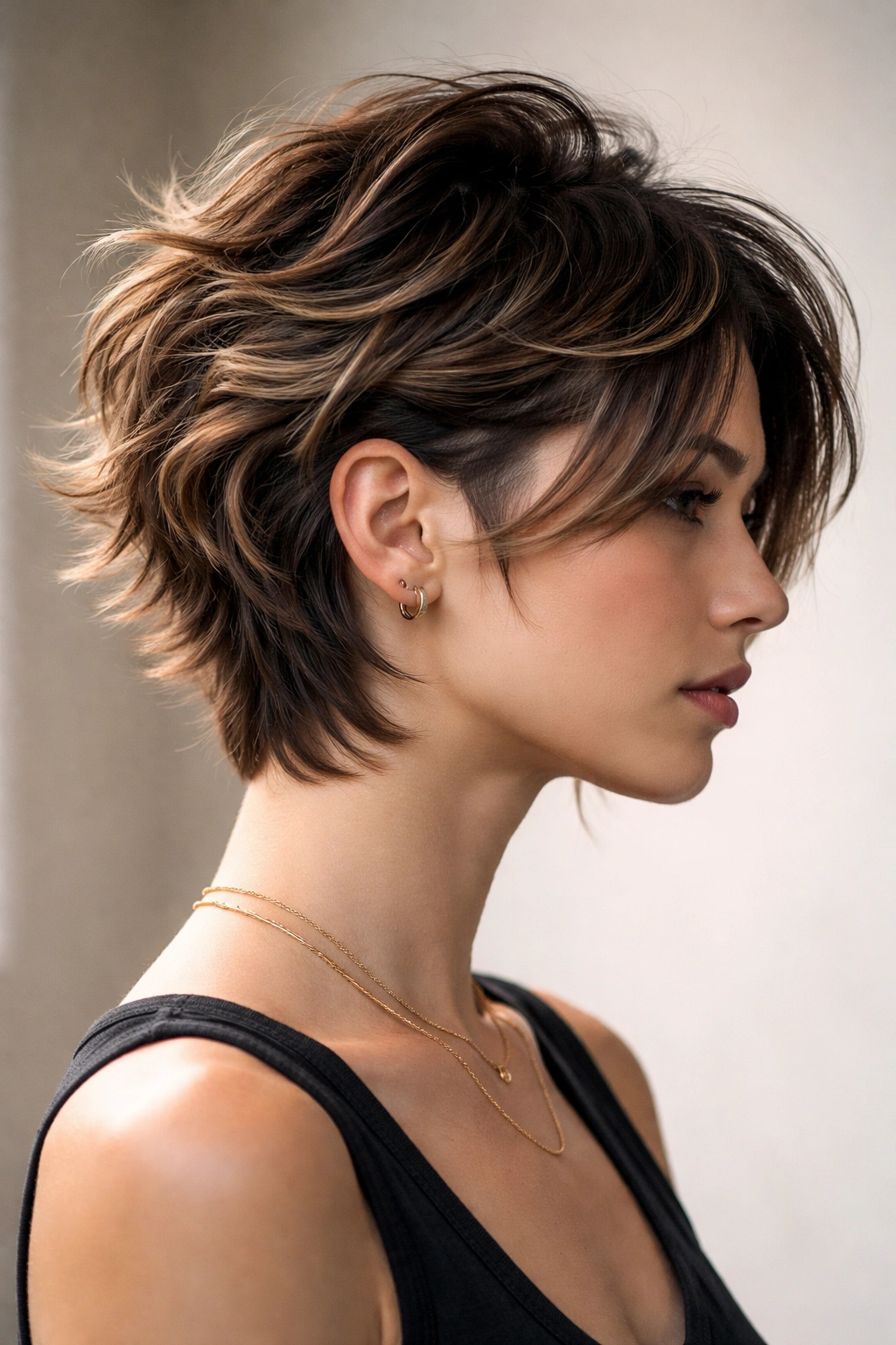 Side profile of a short wavy butterfly cut with asymmetrical layers
