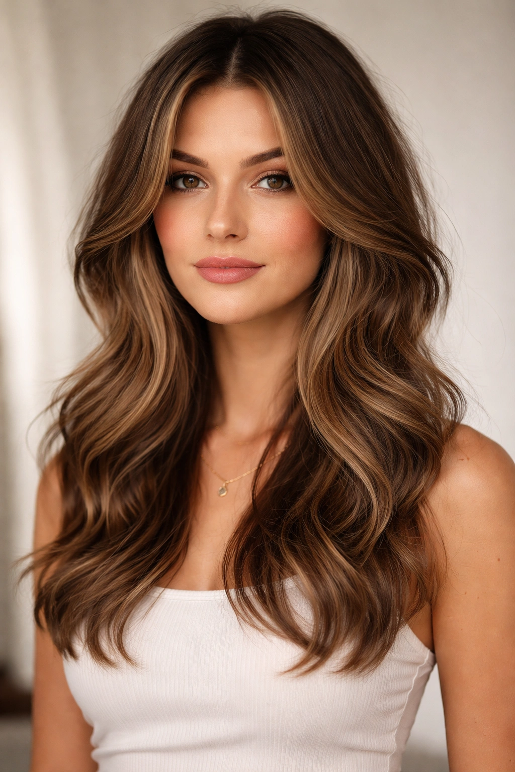 Close-up of a model with curtain-parted butterfly cut featuring center part and face-framing layers in wavy hair