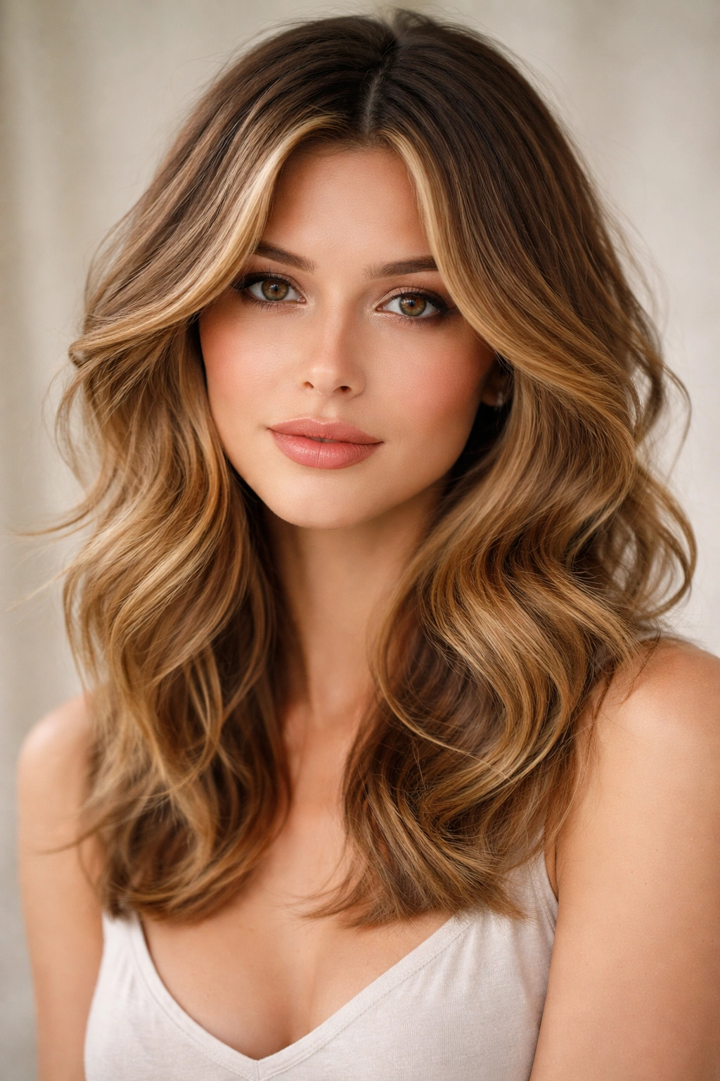 Portrait of a person with a wavy butterfly cut featuring face-framing waves