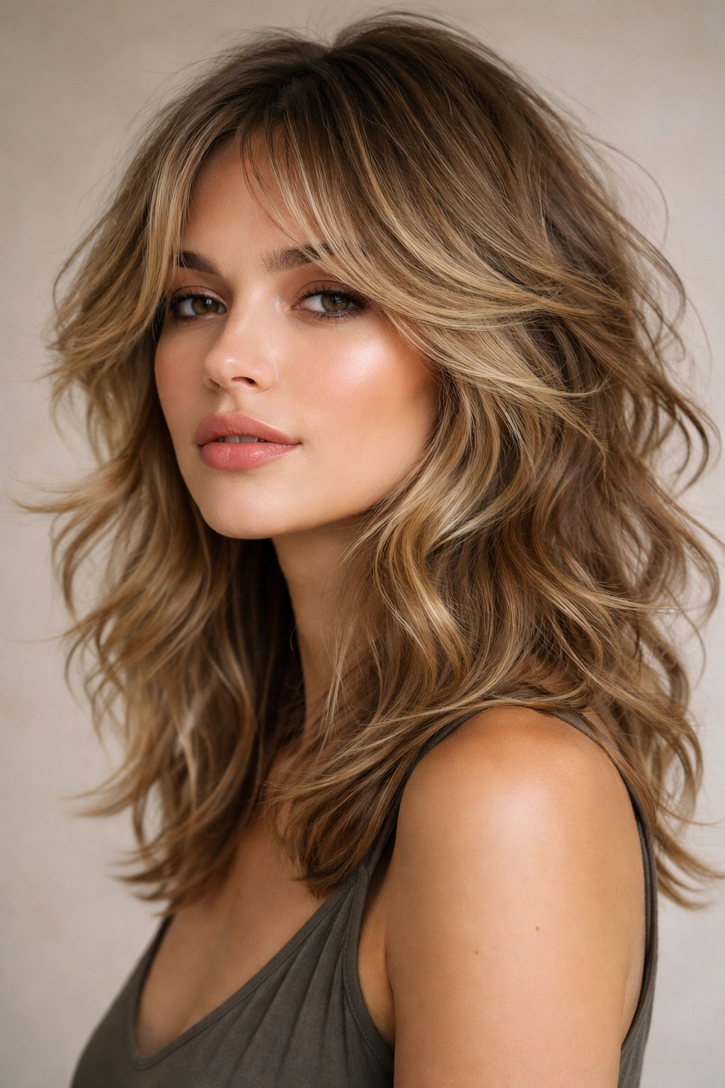 Close-up portrait of a person with a tousled wavy butterfly haircut featuring razor-edged layers