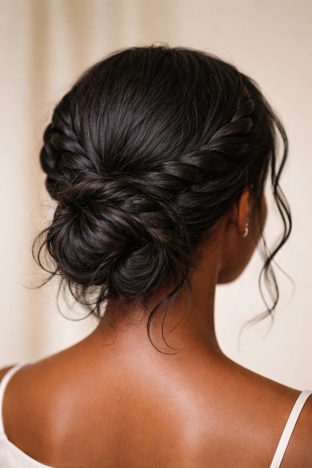 Back view of The Butterfly Knot Bun with two flat twists forming a crown at the nape