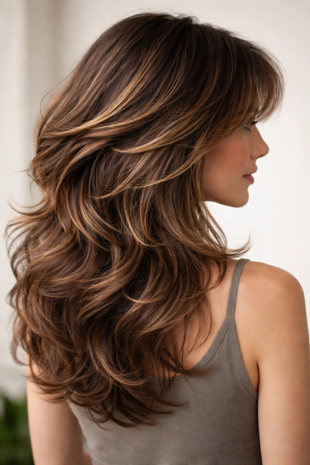 3/4 view of butterfly layers creating crown volume on wavy hair