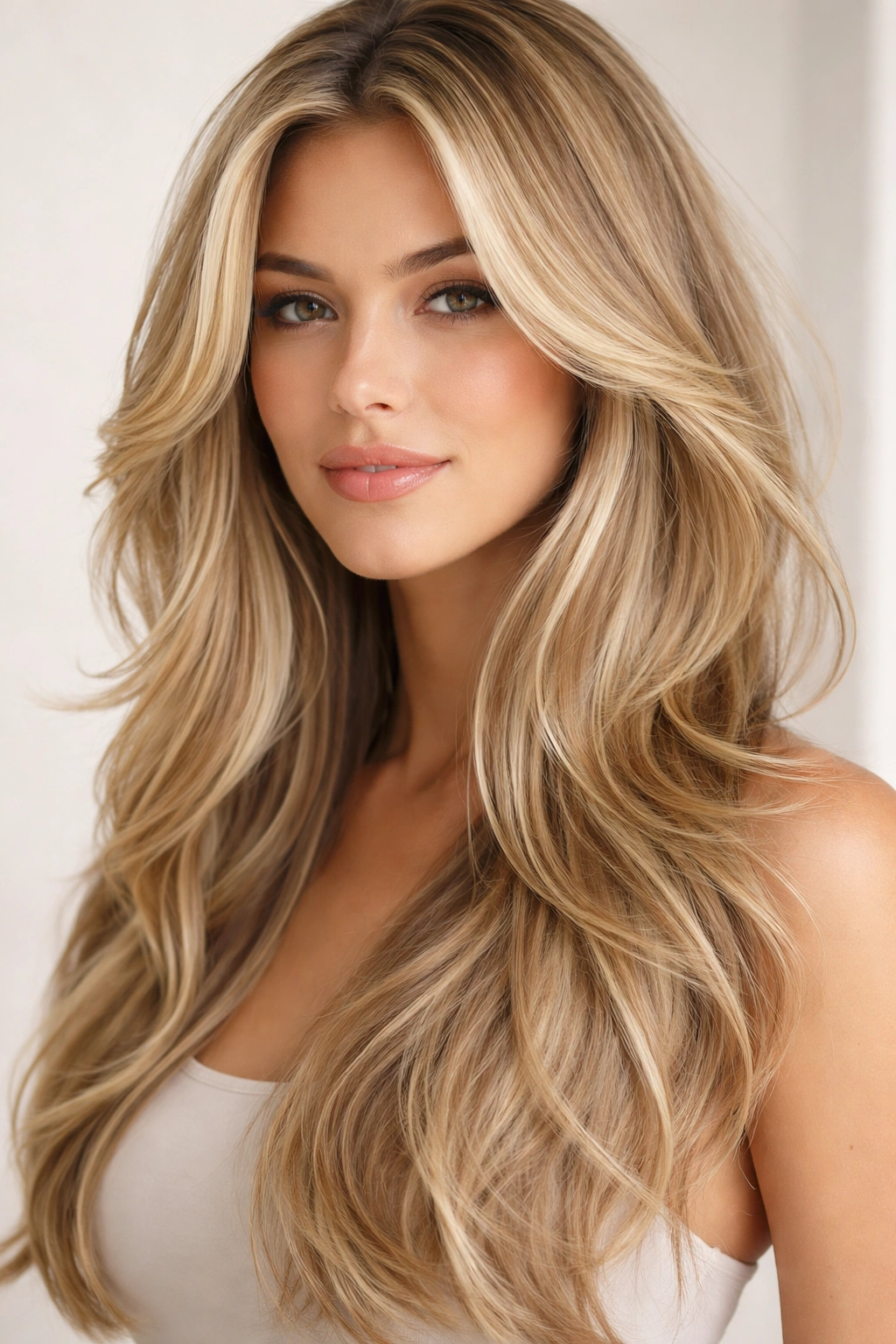 Close-up of long blonde hair with face-framing butterfly layers.