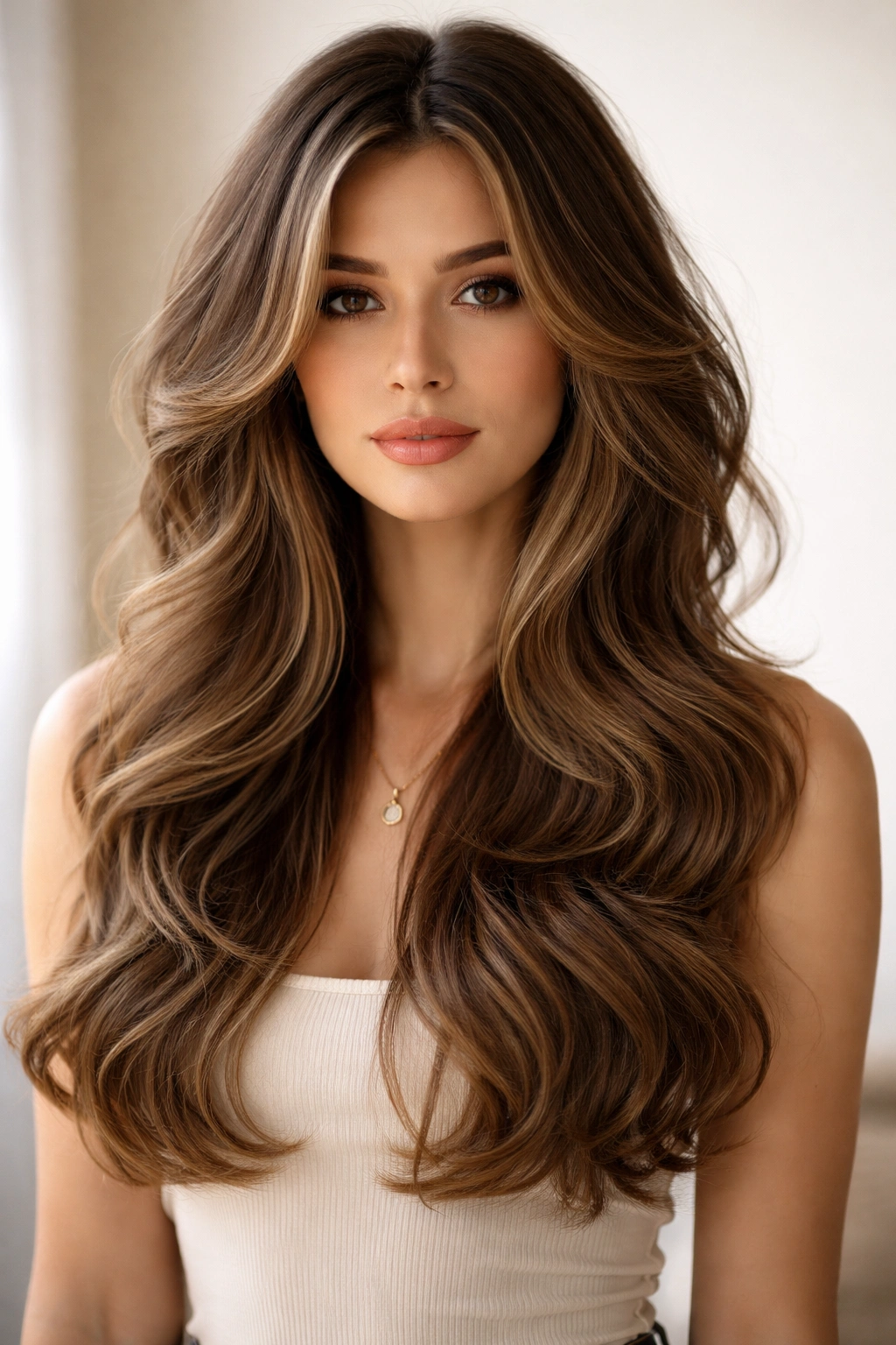 Close-up of long wavy hair with butterfly layers framing the face.