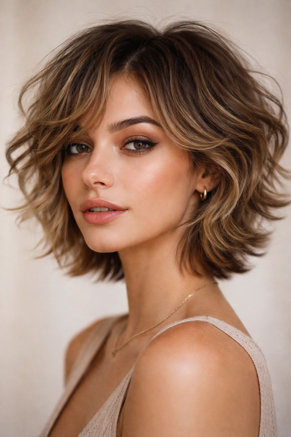 Close-up of a short, wavy hairstyle with face-framing butterfly layers.
