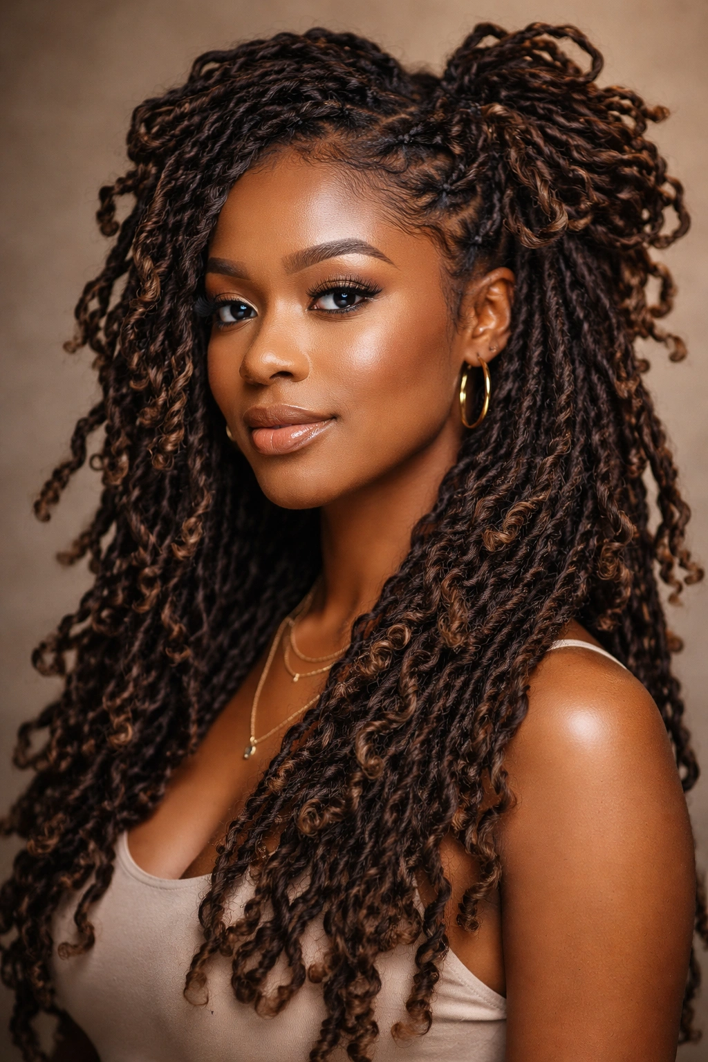 Close-up of butterfly locs with looped extensions creating butterfly wing shapes