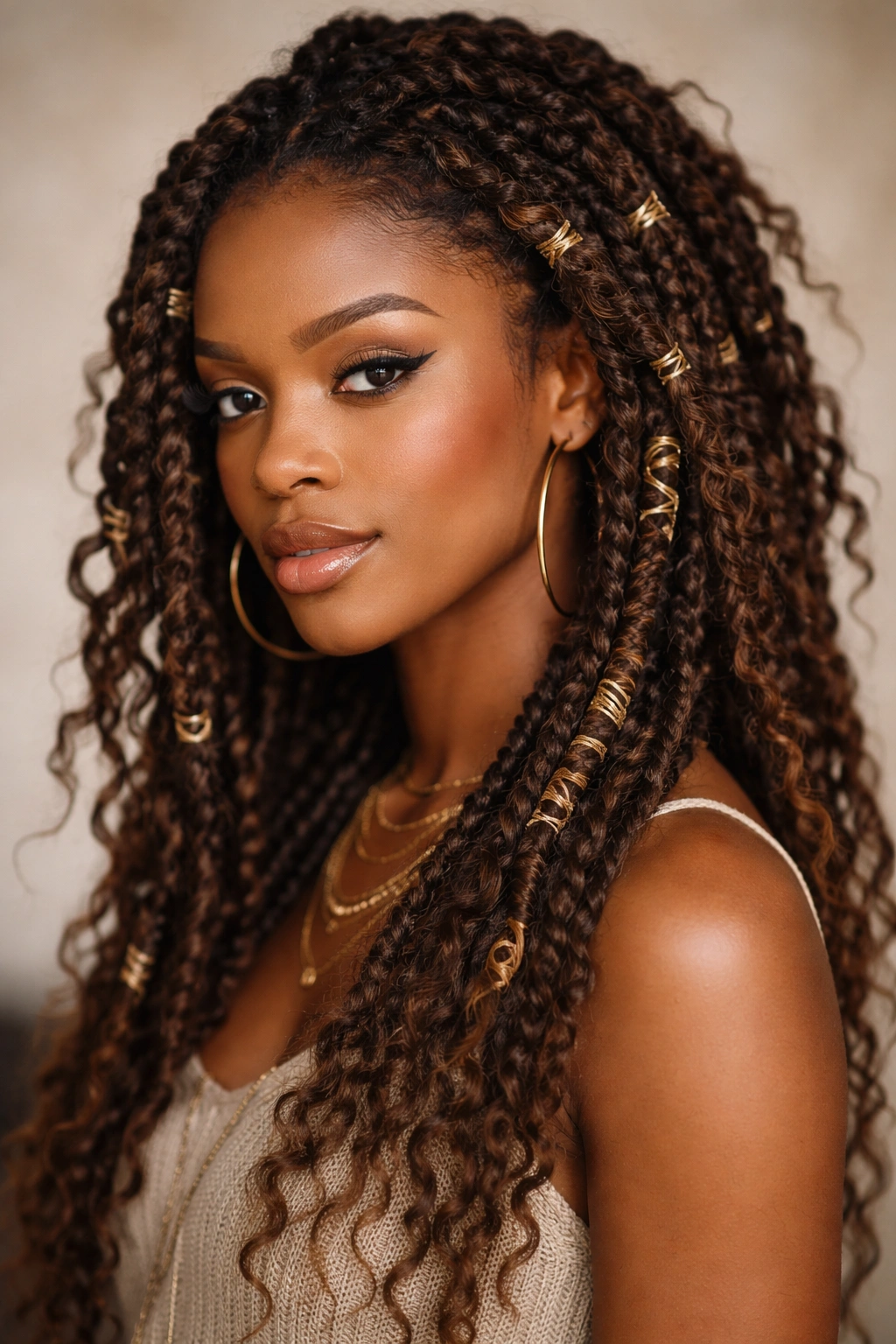 Close-up of butterfly locs with coils and wraps on Afro hair