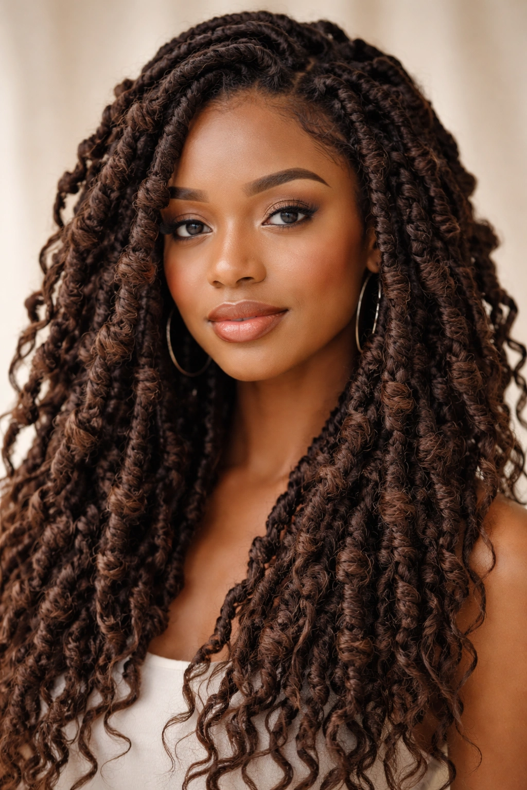 Close-up of butterfly locs crochet hairstyle with fluffy sections on curly hair