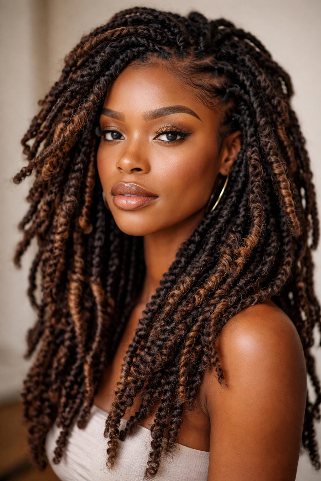 Close-up of chunky butterfly faux locs with wrapping texture and caramel highlights