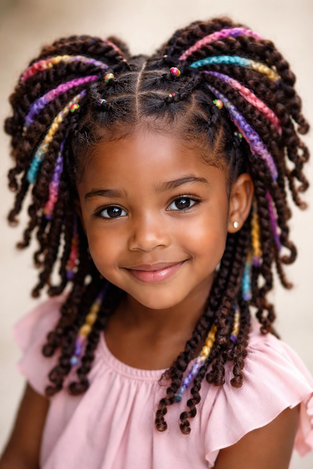 Close-up of a little girl with butterfly locs wrapped in colorful yarn