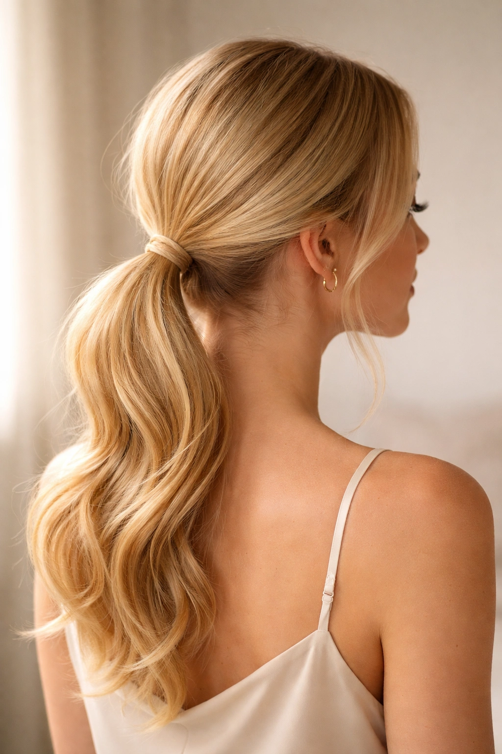 Buttery blonde low ponytail at the nape with soft warm lighting