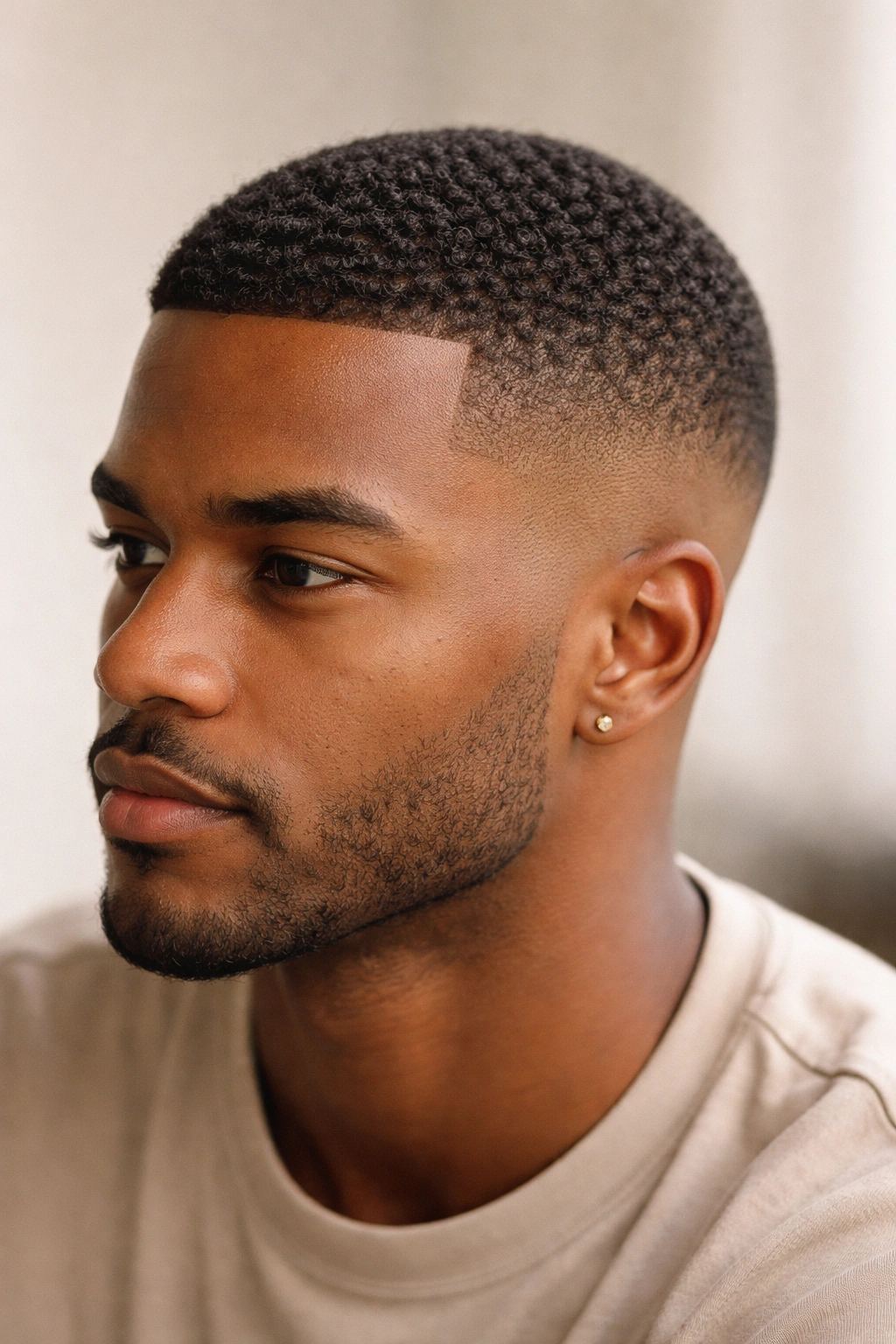 Close-up of a buzz cut afro showing curl texture and subtle volume