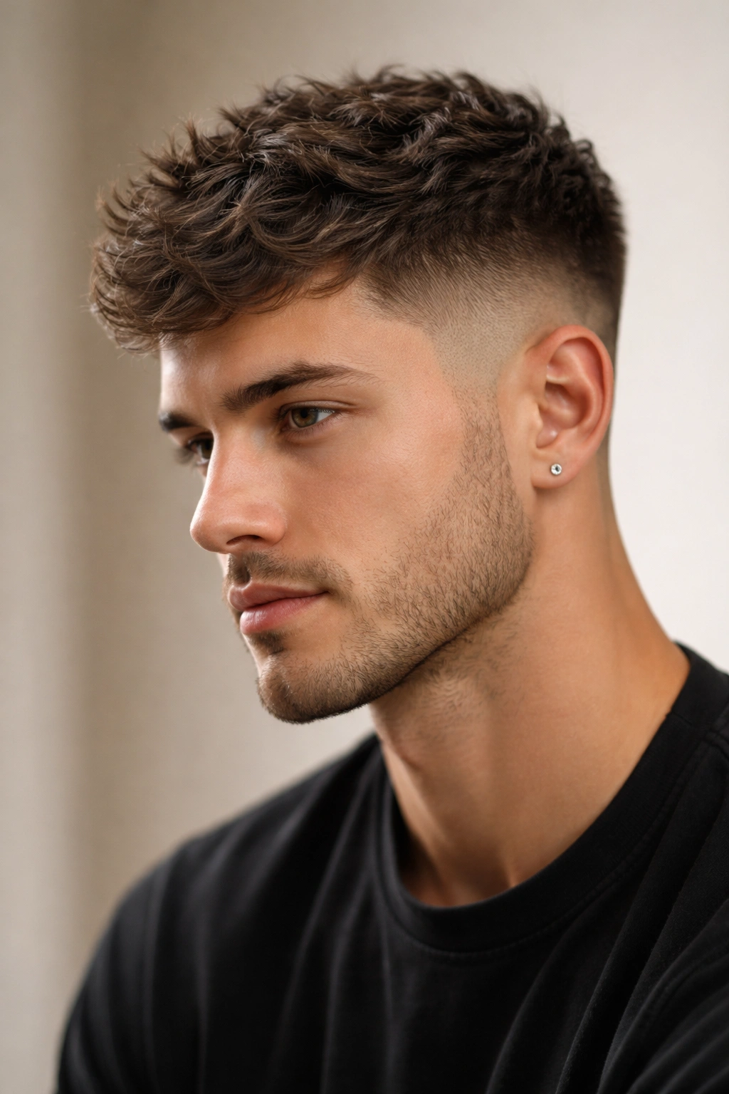 Close-up portrait of a male head with a textured buzz-cut fade and wavy top