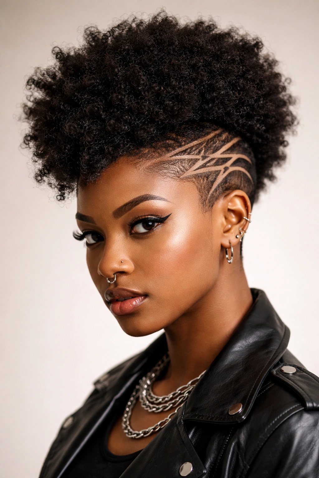 Afro crown with buzzed patterned sides carved into the shaved area.