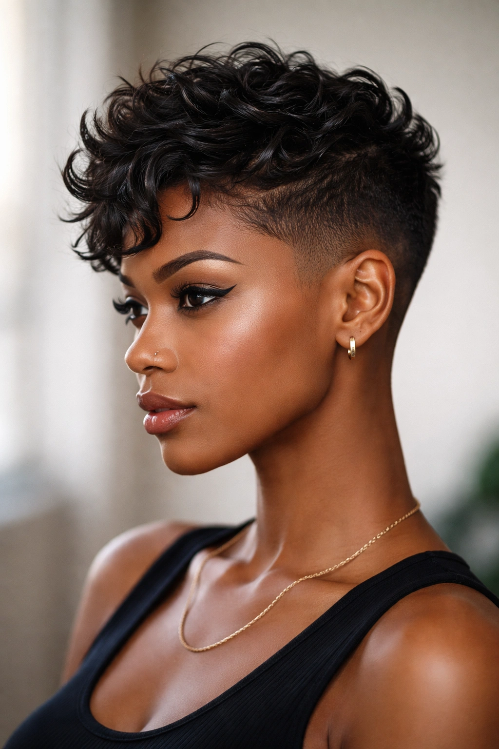 Short textured waves on top with buzzed sides.