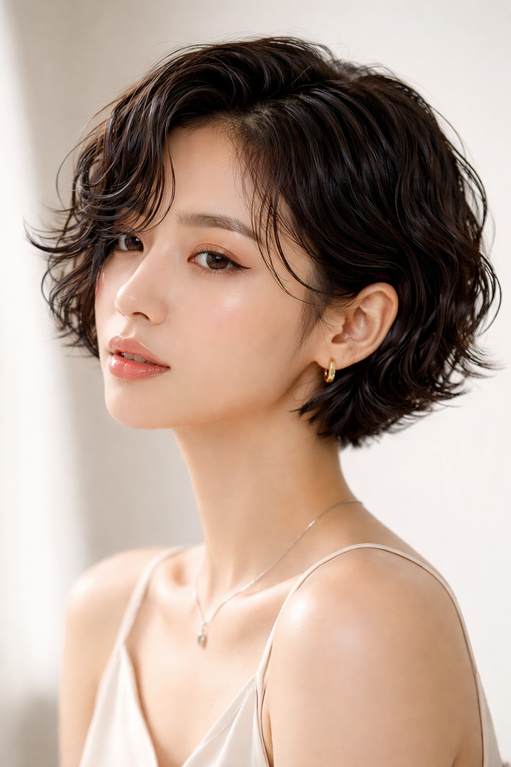 Short hair with glossy C-wave pattern and wet-look shine