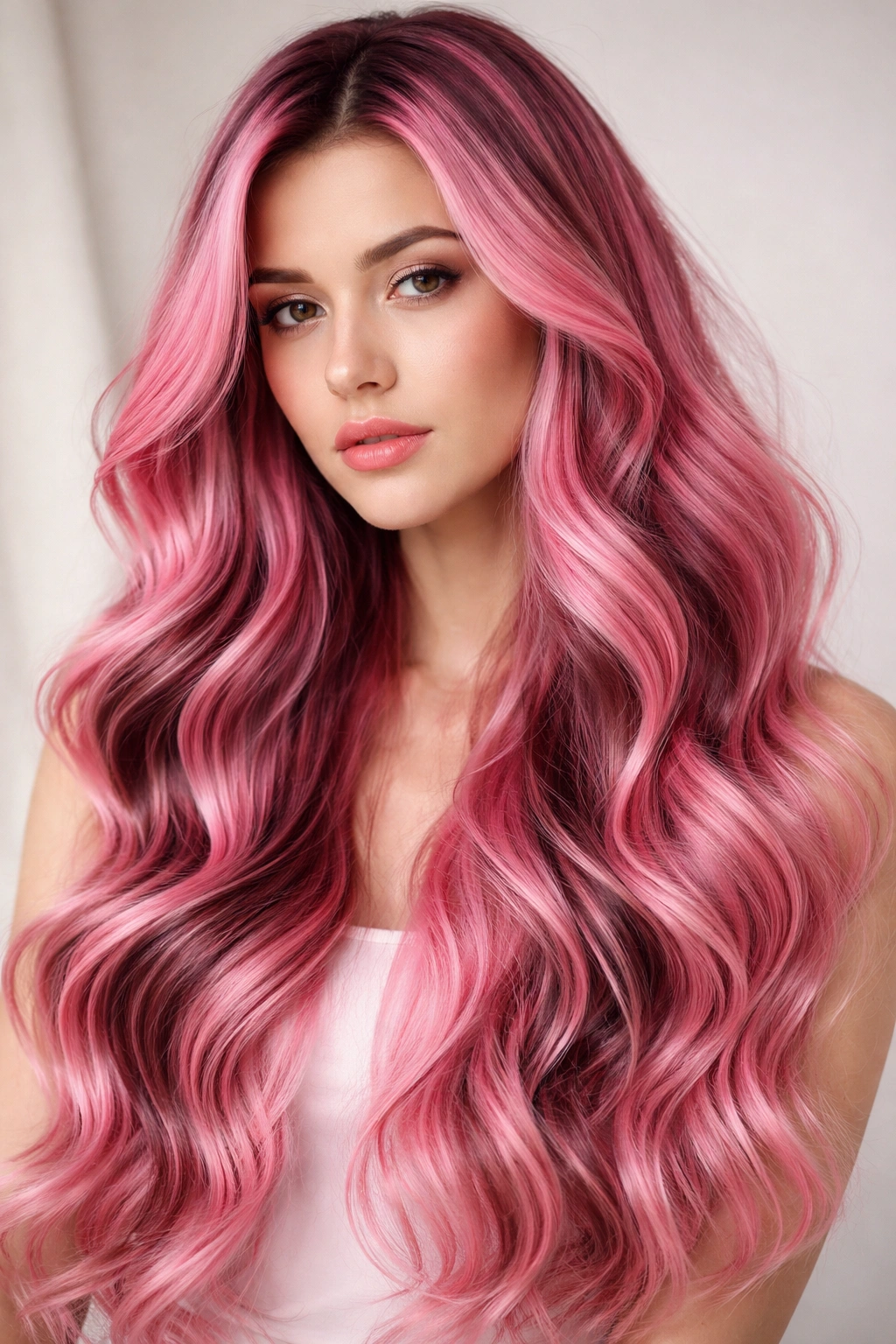 Candy pink hair with darker sections for contrast in waves