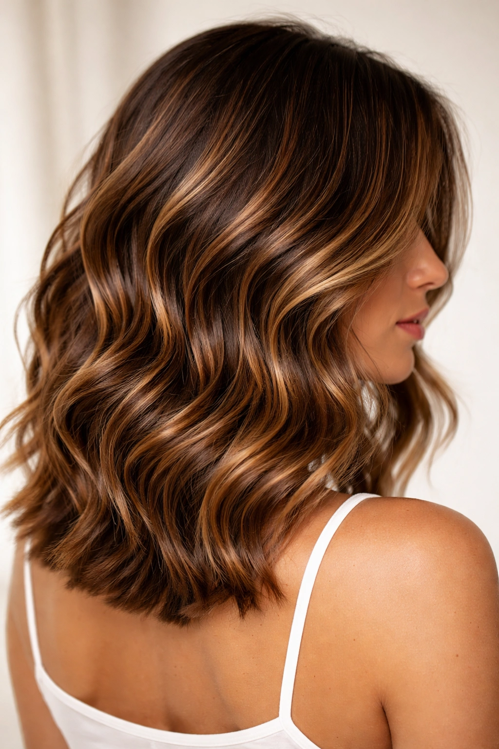 Shoulder-length waves with caramel and brown balayage for warm, dimensional look.