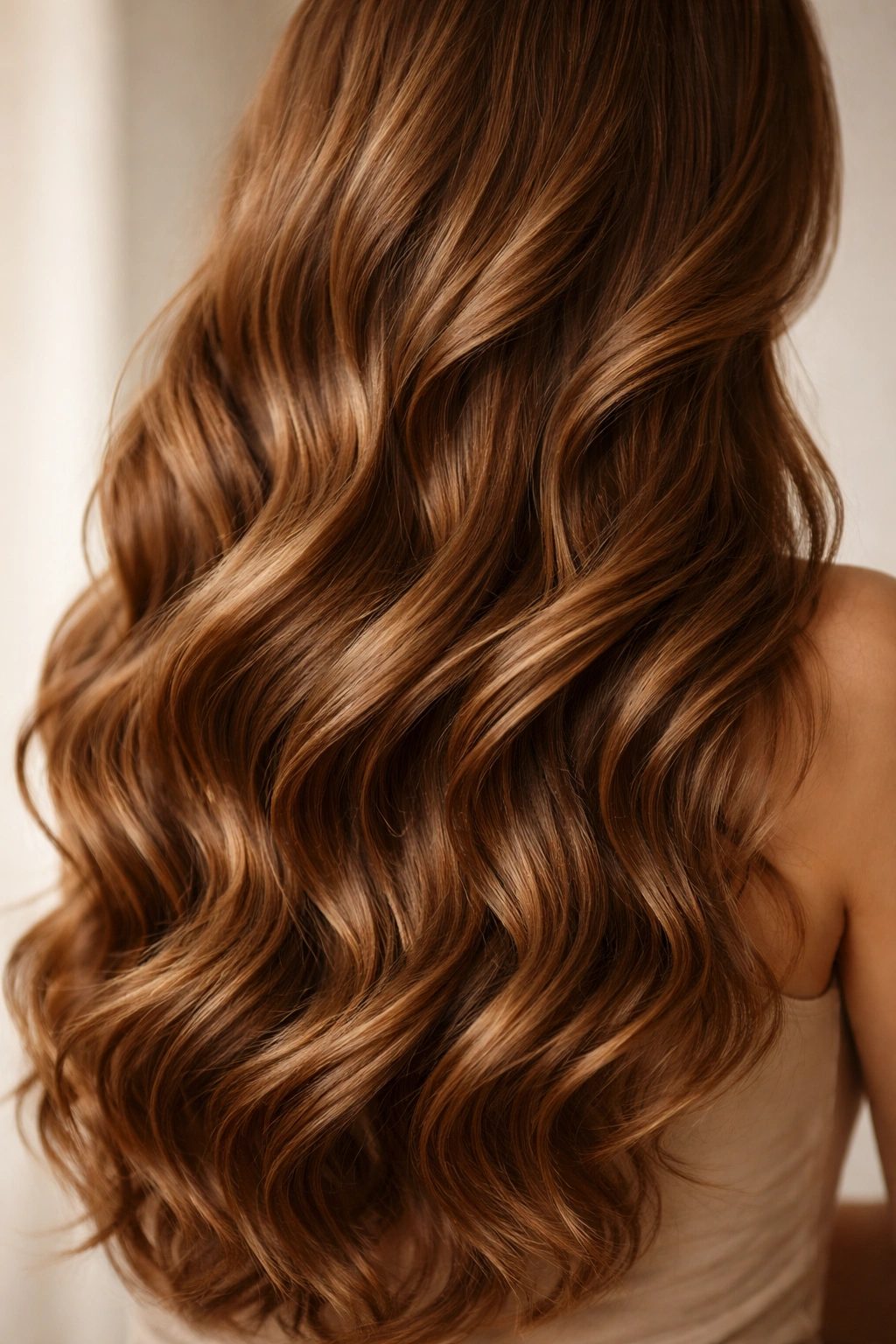 Caramel brown hair with dimensional waves.
