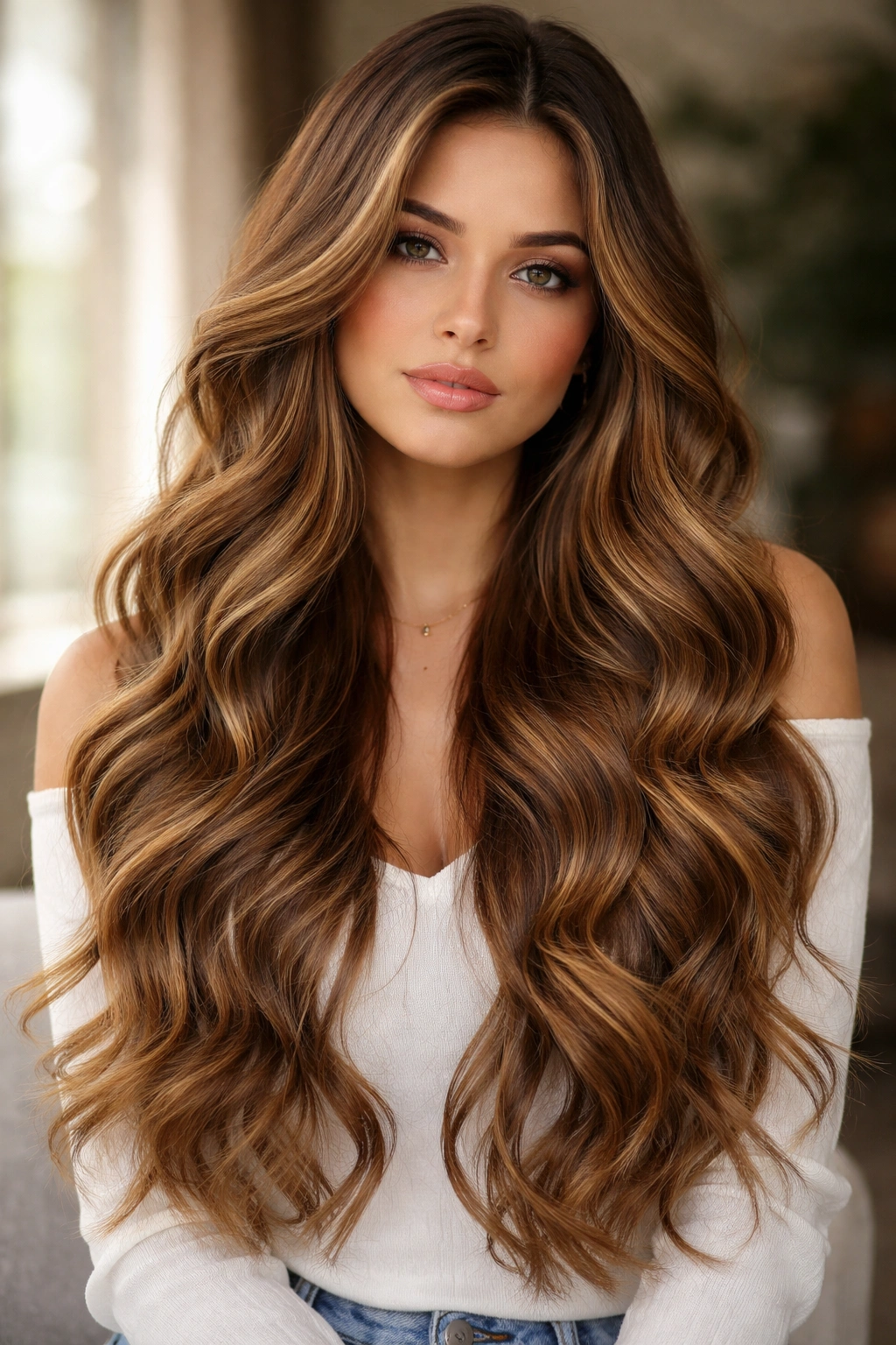 Loosely waved hair with caramel honey highlights around the face