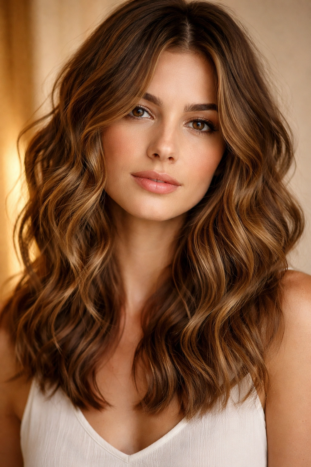 Close-up of light caramel hair with undone tight waves near crown