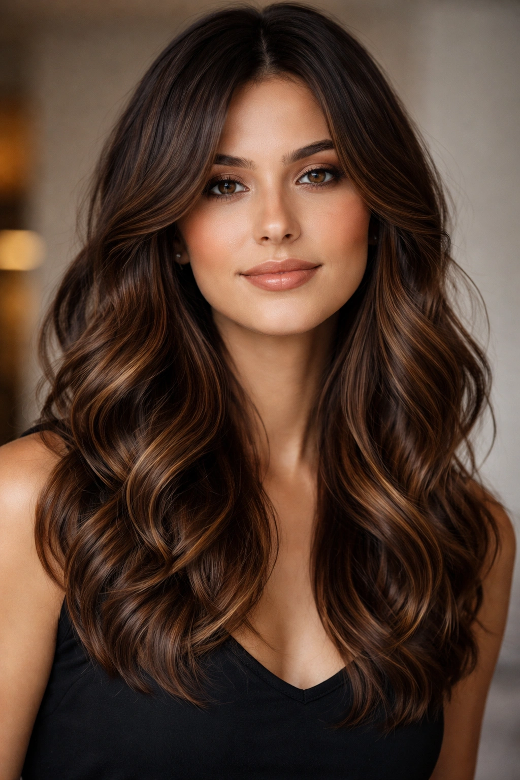Medium-length brown hair with caramel highlights and soft waves.