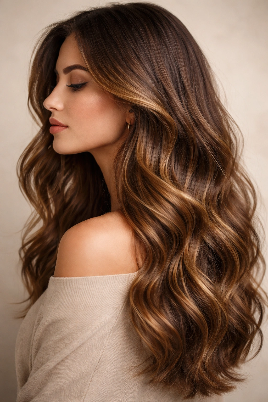 Effortless caramel waves with brunette blend and depth