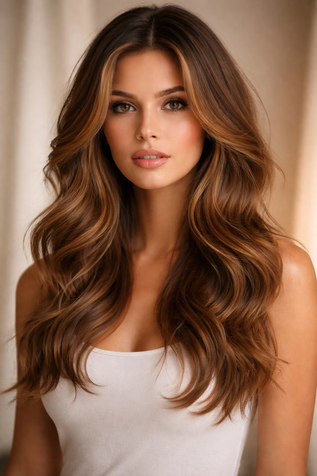 Close-up of loose caramel waves with face-framing layers highlighting caramel tones