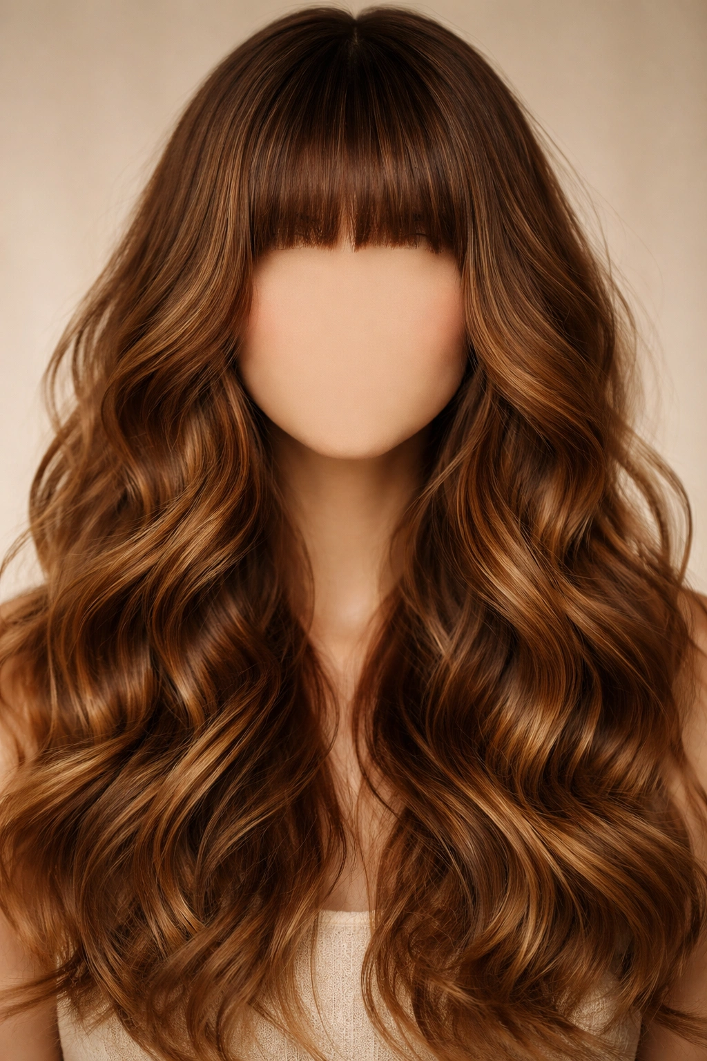Caramel waves with micro bangs framing the face