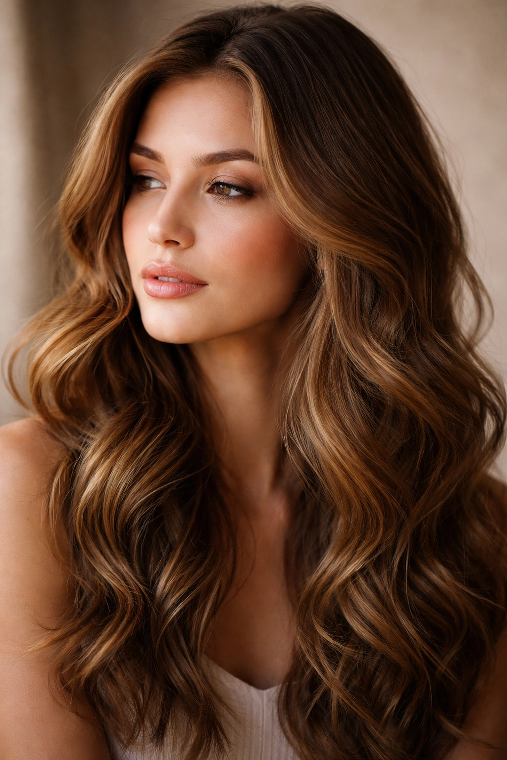 Close-up portrait of a person with caramel wavy hair under warm studio lighting