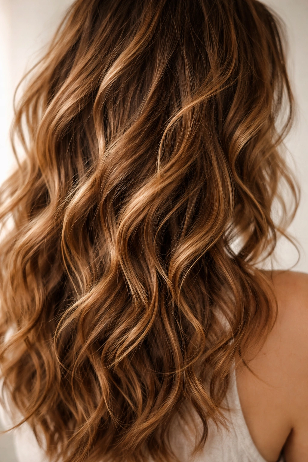 Close-up of tousled caramel waves with subtle highlights