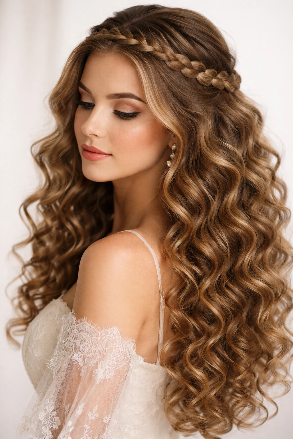 Cascading curls beneath a braided crown band in a romantic updo