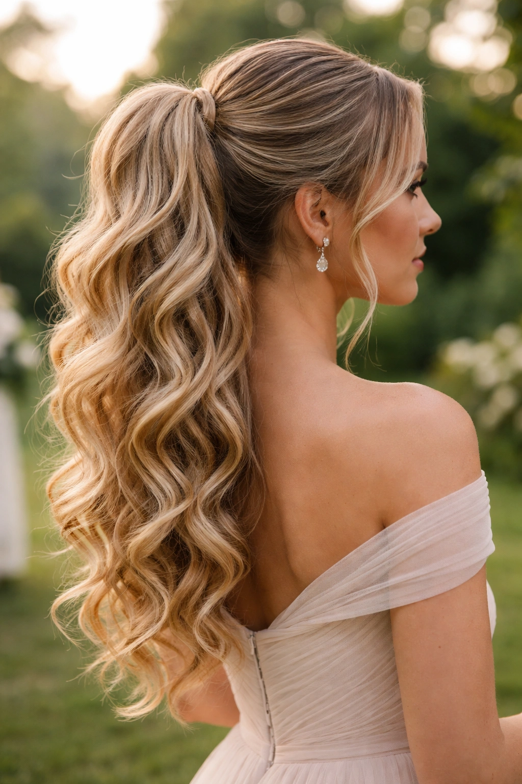 High ponytail with cascading loose curls flowing down from the base