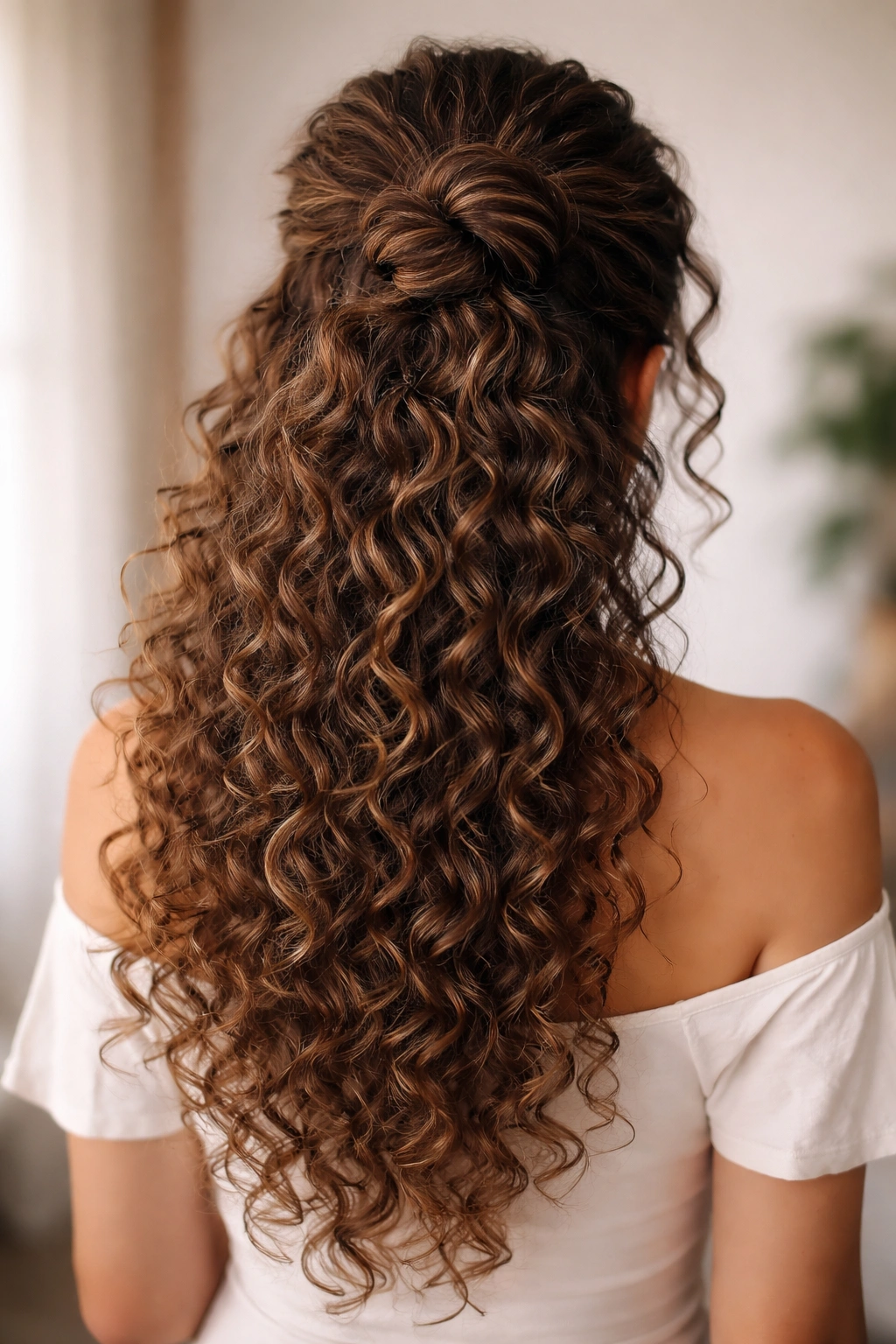 Back view of cascading curls knot at crown