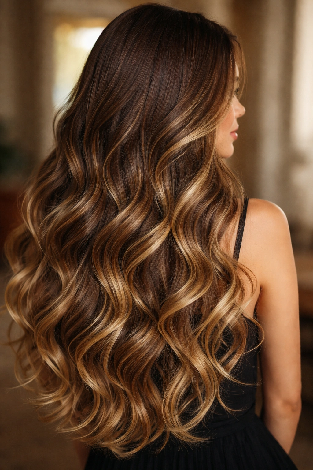 Brunette cascading waves with blonde balayage catching light