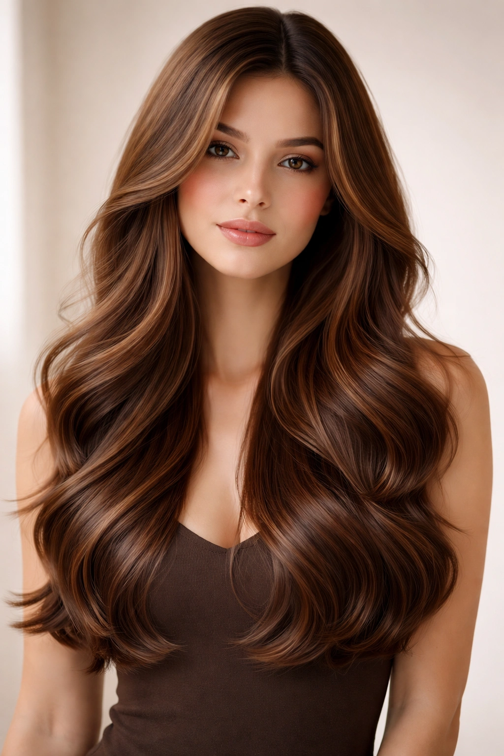 Long chestnut hair with cascading waves and subtle face-framing layers.