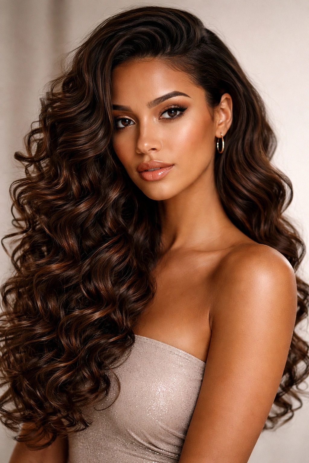 Curly hair styled in cascading waves sweeping over one shoulder